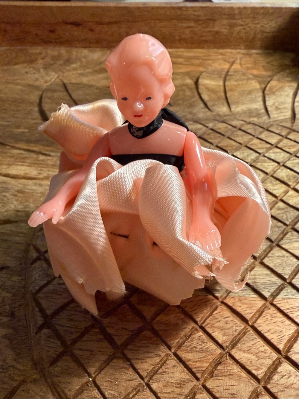 Vintage Pink Plastic Doll Pin cushion with Pink Fabric Skirt